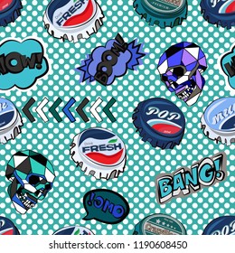 Seamless pattern with colorful pop art objects with  clouds, stars, skull, bottle cap, dots, words  