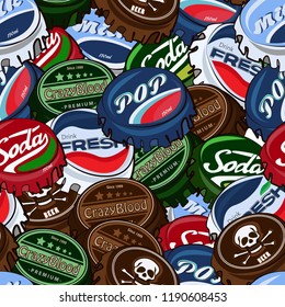 Seamless pattern with colorful pop art objects different bottle caps  