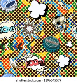 Seamless pattern with colorful pop art objects with  clouds, stars, skull, bottle cap, dots, words  
