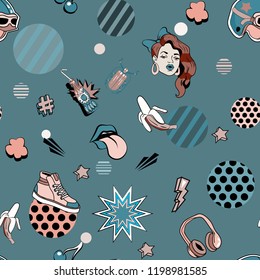 Seamless pattern with colorful pop art objects with headphones, stars, lips, bottle, bananas, girl