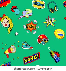Seamless pattern with colorful pop art objects with lips, clouds, stars, headphones, shoes, horn, bottle, girl,  helmet