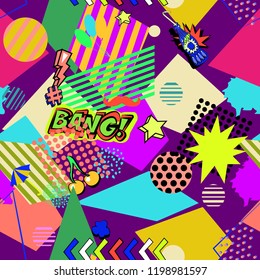 Seamless pattern with colorful pop art objects with bottle, stars, circle, words