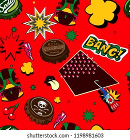 Seamless pattern with colorful pop art objects with  clouds, stars, bottle cap, dots, words, skulls  