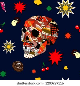 Seamless pattern colorful pop art objects with skulls, clouds, stars, bottle cap, cherry, words, dots  
