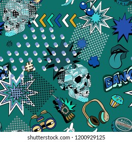 Seamless pattern with colorful pop art objects  skulls, clouds, stars, bottle cap, words, dots   - Powered by Shutterstock - Get 15% off with code: PIKWIZARD15
