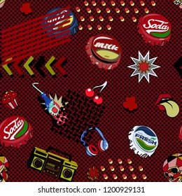 Seamless pattern with colorful pop art objects with stars, lips, clouds, stars, bottle cap ,dots 