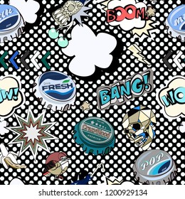 Seamless pattern with colorful pop art objects with stars, skulls, clouds, stars, bottle cap, birds, bananas, words, dots  