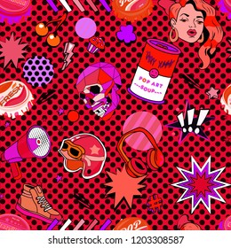 Seamless pattern with colorful pop art objects with skulls, clouds, stars, bottle cap, cherry, words, dots, helmet, headphone, shoes 