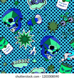 Seamless pattern with colorful pop art objects with skulls, clouds, stars, bottle cap, cherry, tin, horn,  words, dots, binoculars, bananas  