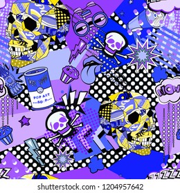 Seamless pattern with colorful pop art objects with skulls, clouds, stars, bottle cap, cherry, dots, binocular, cake, lips