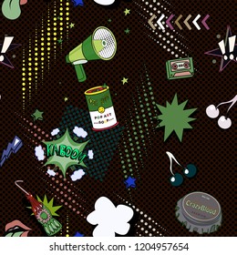 Seamless pattern with colorful pop art objects with horn, clouds, stars, bottle cap, cherry, dots  