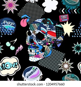 Seamless pattern with colorful pop art objects with skulls, clouds, stars, bottle cap, cherry, dots  
