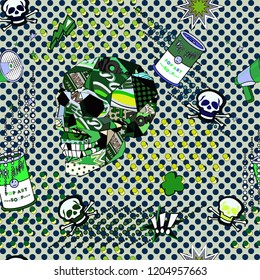 Seamless pattern with colorful pop art objects with skulls, tin, stars, horn, dots 