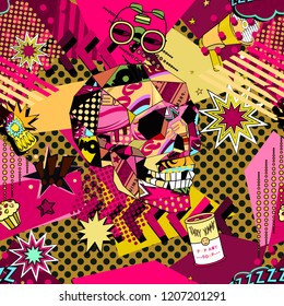 Seamless pattern with colorful pop art objects with skulls, clouds, stars, tin, cherry, dots, bottle, horn, cake