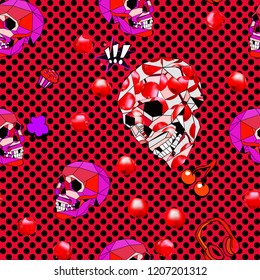 Seamless pattern with colorful pop art objects with skulls, stars, cherry, dots,  headphone, berries
