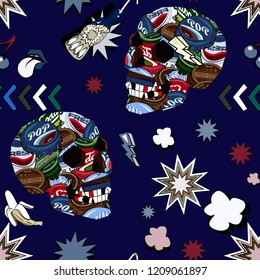 Seamless pattern with colorful pop art objects  skulls, clouds, stars, bottle cap, bananas, lips can be used as cool print for clothes