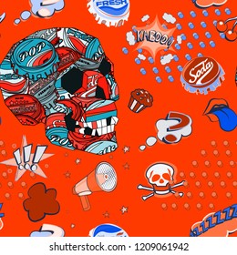 Seamless pattern with colorful pop art objects  skulls, clouds, stars, bottle cap, dots, horn, lips can be used as cool print for clothes 