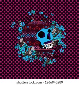 Seamless pattern with colorful pop art objects skulls, blue flowers, pixel winter motives, can be used as cool print for clothes 