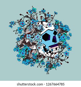 Seamless pattern with colorful pop art objects skulls, blue flowers can be used as cool print for clothes 