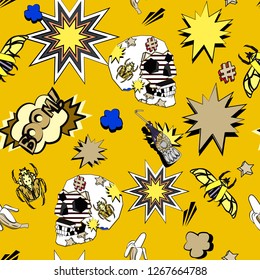 Seamless pattern with colorful pop art objects skulls, stars, cherry, bugs, clouds, words, can be used as cool print for clothes 