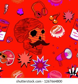 Seamless pattern with colorful pop art objects skulls with mustache, stars, cherry, helmet, headphones, cap, clouds, tin, can be used as cool print for clothes 