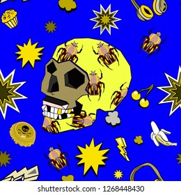 Seamless pattern with colorful pop art objects skulls, stars, cherry, cap, clouds, lips, bugs, headphones can be used as cool print for clothes 