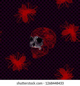 Seamless pattern with colorful pop art objects skulls, flovers, leaves can be used as cool print for clothes 