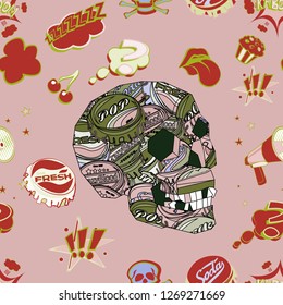 Seamless pattern with colorful pop art objects skulls, stars, cherry, cap, clouds, lips, horn, tin,  dots, can be used as cool print for clothes 