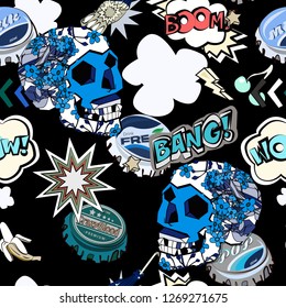 Seamless pattern with colorful pop art objects skulls, stars, cherry, cap, clouds, words can be used as cool print for clothes 