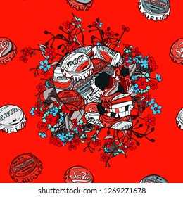 Seamless pattern with colorful pop art objects skulls, cap, flowers can be used as cool print for clothes 