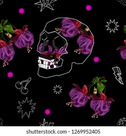 Seamless pattern with colorful pop art objects skulls, stars, cherry, flowers, can be used as cool print for clothes 