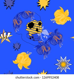 Seamless pattern with colorful pop art objects skulls, stars, flowers, can be used as cool print for clothes 