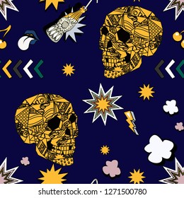 Seamless pattern with colorful pop art objects skulls, stars, cherry, clouds,  dots, can be used as cool print for clothes 