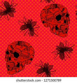Seamless pattern with colorful pop art objects skulls, cap, clouds, flowers, can be used as cool print for clothes 