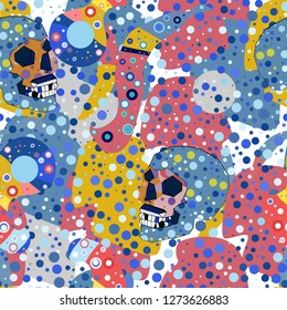 Seamless pattern with colorful pop art objects skulls, abstract forms,  dots, can be used as cool print for clothes 