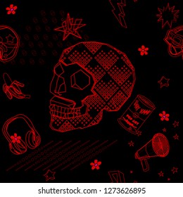 Seamless pattern with colorful pop art objects skulls, stars, cherry, tin, horn, clouds, lips, words, headphones,  dots, can be used as cool print for clothes 