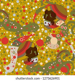 Seamless pattern with colorful pop art objects skulls, abstract forms,  dots, can be used as cool print for clothes 