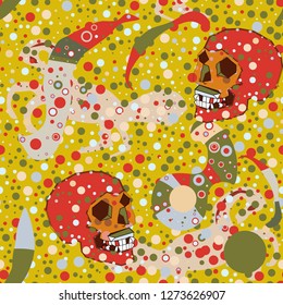 Seamless pattern with colorful pop art objects skulls, abstract forms,  dots, can be used as cool print for clothes 