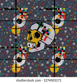 Seamless pattern with colorful pop art objects skulls, abstract forms,  dots, can be used as cool print for clothes 