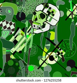 Seamless pattern with colorful pop art objects skulls, abstract forms, woman,  dots, can be used as cool print for clothes. Vector illustration of a style of supermatism. Creative retro poster  