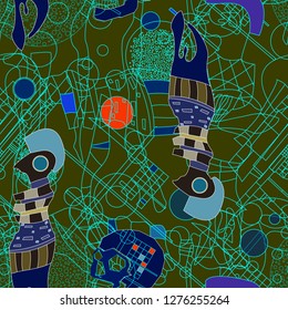 Seamless pattern with colorful pop art objects skulls, abstract forms, woman,  dots, can be used as cool print for clothes. Vector illustration of a style of supermatism. Creative retro poster  