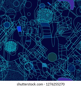 Seamless pattern with colorful pop art objects, abstract forms,  dots, can be used as cool print for clothes. Vector illustration of a style of supermatism. Creative retro poster  