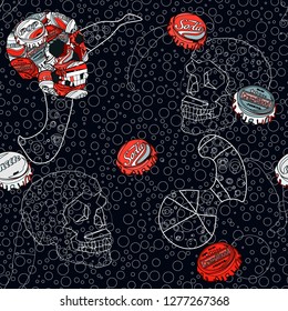 Seamless pattern with colorful pop art objects skulls, abstract forms, dots, can be used as cool print for clothes. Vector illustration of a style of supermatism. Creative retro poster  