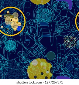 Seamless pattern with colorful pop art objects, abstract forms, woman,  dots, can be used as cool print for clothes. Vector illustration of a style of supermatism. Creative retro poster  