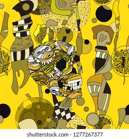 Seamless pattern with colorful pop art objects skulls, abstract forms, woman,  dots, can be used as cool print for clothes. Vector illustration of a style of supermatism. Creative retro poster  