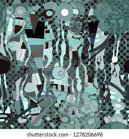 Seamless pattern with colorful pop art objects, abstract forms, woman,  dots, can be used as cool print for clothes. Vector illustration of a style of supermatism. Creative retro poster  