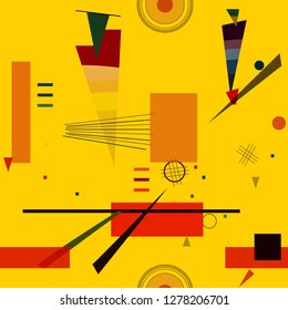 Seamless pattern with colorful pop art objects, abstract forms, dots, can be used as cool print for clothes. Vector illustration of a style of supermatism. Creative retro poster  