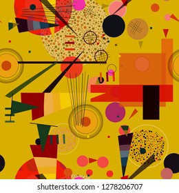 Seamless pattern with colorful pop art objects, abstract forms, dots, can be used as cool print for clothes. Vector illustration of a style of supermatism. Creative retro poster  