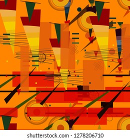Seamless pattern with colorful pop art objects, abstract forms, dots, can be used as cool print for clothes. Vector illustration of a style of supermatism. Creative retro poster  