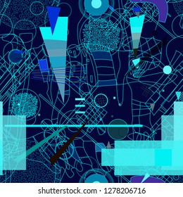 Seamless pattern with colorful pop art objects, abstract forms, woman,  dots, can be used as cool print for clothes. Vector illustration of a style of supermatism. Creative retro poster  